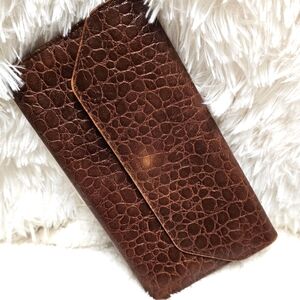 Vintage Leather Reptile Print Envelope Flap Wallet Clutch Mundi Spain 1980s